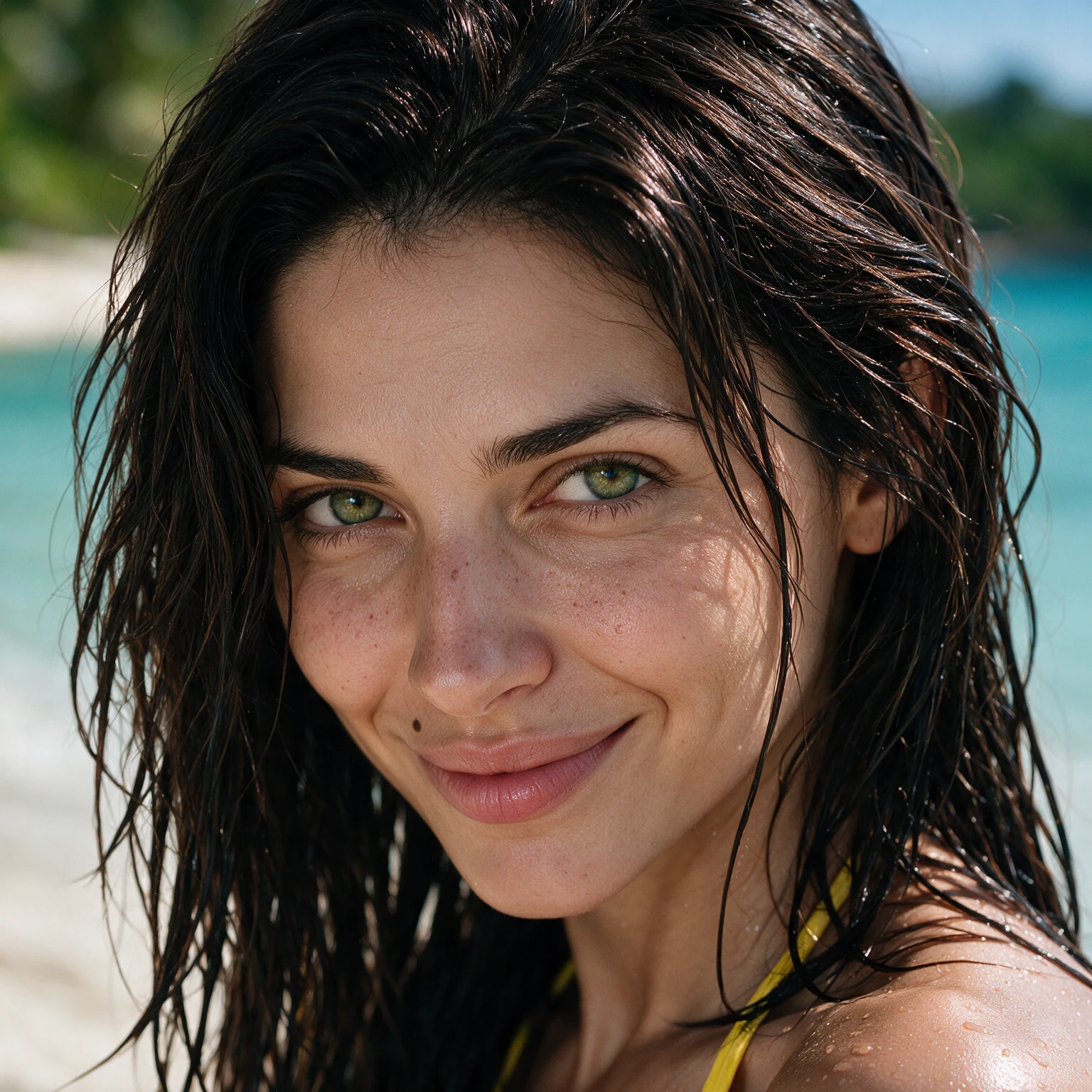 Portrait of Livia Serra with wet dark hair and a smile in natural light